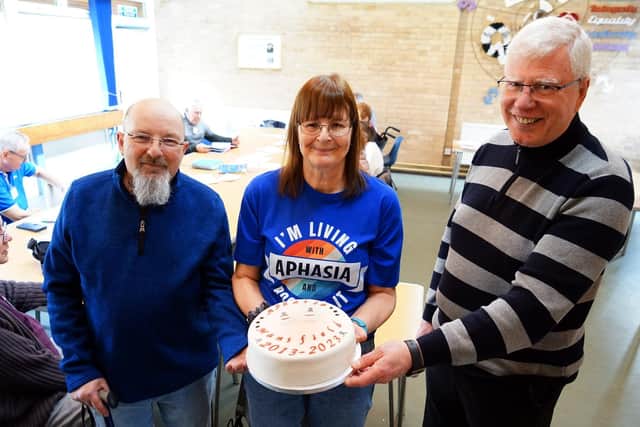 Mansfield's aphasia support group celebrated its 10th anniversary this week. Pictured from left: chairman Martyn Adams, secretary Fran Green and treasurer John Horton.