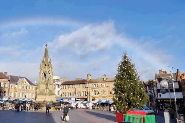 Photo of a rainbow over Mansfield market place, shared by Roger Victory.