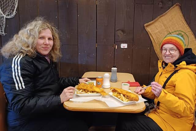 Estonian teachers Margit Menson and Lili Kängsepp-Puun enjoy fish and chips in Skegness