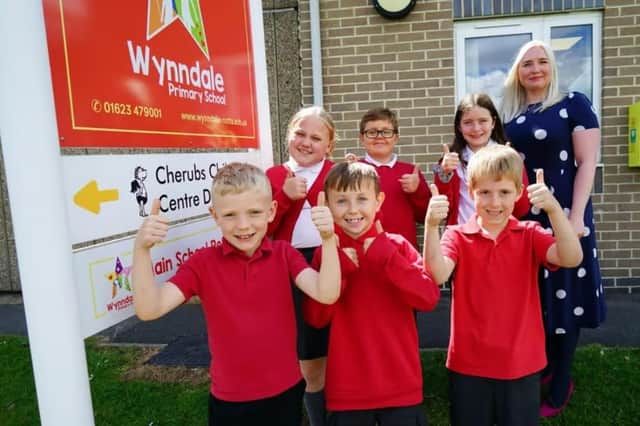 Pupils at Wynndale Primary School in Mansfield celebrating the school's good Ofsted report last year.