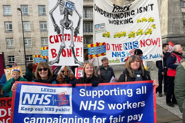 Junior doctors were joined by campaign group “Keep Our NHS Public” who flew banners and held placards that read “Underfunding isn’t working” and “Where are our new hospitals?”.