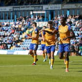 Lucas Akins celebrates putting Stags ahead at Gillingham this afternoon. Photo  by Chris Holloway / The Bigger Picture.media