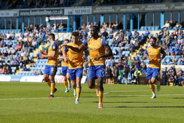 Lucas Akins celebrates putting Stags ahead at Gillingham this afternoon. Photo  by Chris Holloway / The Bigger Picture.media