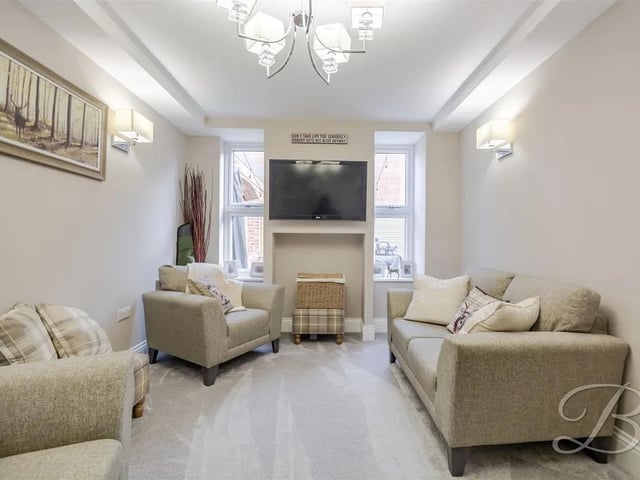 A cosy, carpeted living room with a central heating radiator and windows that overlook the side elevation, filling the space with natural light.