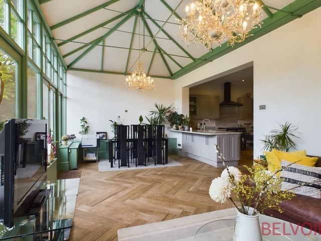 The stunning garden room or orangery is one of the highlights of the High Oakham Road property. Bright and cheerful, it provides the perfect family space for entertaining and has two sets of double doors that lead to the garden. A superb vaulted ceiling, with two chandeliers, adds to the grandeur of the room.