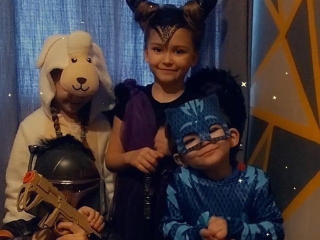 Bobby aged 8, as Madoriane, Bella aged seven as Magnificent, Brooklyn aged six, a sheep from Little Bo Peep and three-year-old Brody, a cat boy from PJ mask. From Meden Vale.