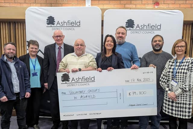 Community groups in Ashfield have received more than £79,000 in grants from the council, from left: Matt Pike (Our Centre), Una Key (Ashfield Voluntary Action), Trevor Clay (Under One Roof), Coun Andy Meakin, Theresa Hodgkinson (council chief executive), Coun Chris Huskinson, Elden Skinner (Our Centre), Jackie Insley (Citizen's Advice Ashfield). Photo: Submitted