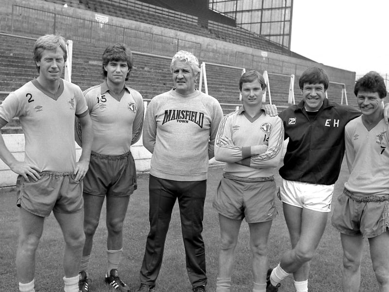 Stags new players with manager Ian Greaves, third left, and Emlyn Hughes, second right.