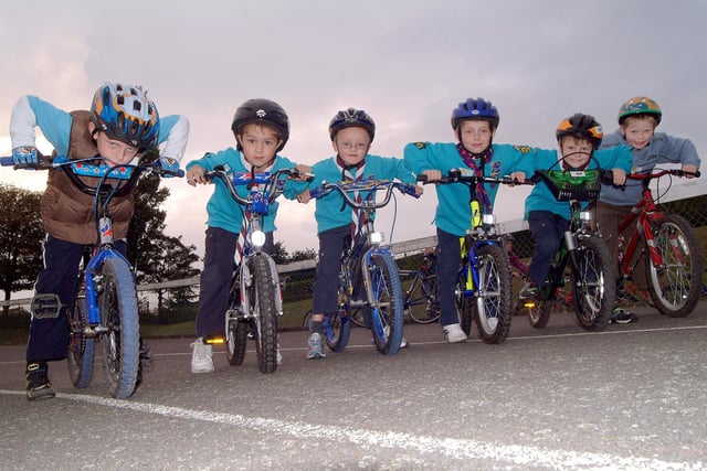 Forest Town Beavers at the starting blocks of a 'cyclathon' at Forest Town Welfare to raise funds for the Beavers, Cubs and Scouts. Pictured (left to right) William Butley, Nathan Burrow, Ryan Calladine, Jamie Sutcliffe, James Eamer, Ben Holmes (all aged seven at the time).