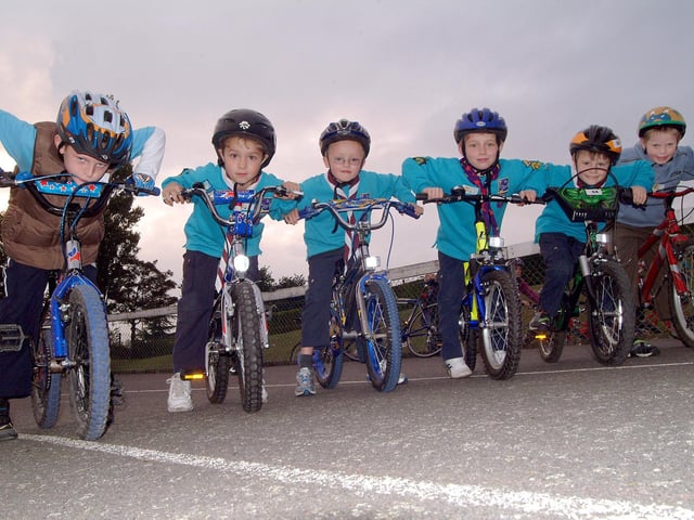 Forest Town Beavers at the starting blocks of a 'cyclathon' at Forest Town Welfare to raise funds for the Beavers, Cubs and Scouts. Pictured (left to right) William Butley, Nathan Burrow, Ryan Calladine, Jamie Sutcliffe, James Eamer, Ben Holmes (all aged seven at the time).