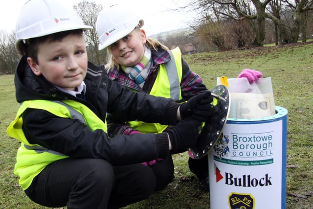 2011: Pupils from Brookhill Leys Primary School plant a time capsule at Coronation Park, Eastwood. Pictured are Daniel Fearn and Sharna Page.