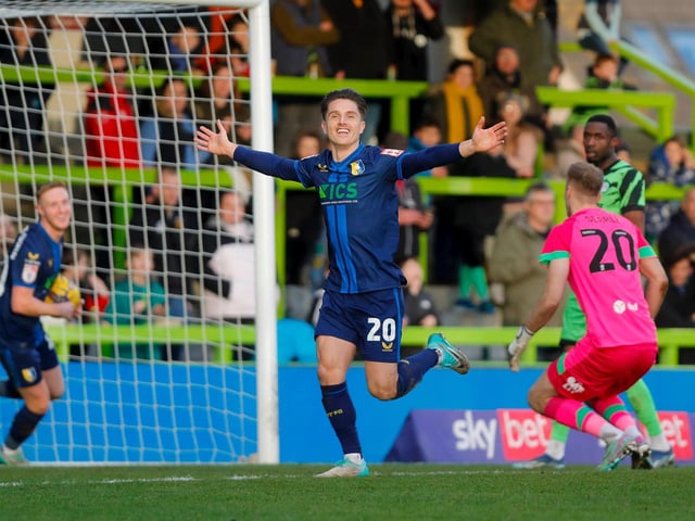 New boy Tom Nichols scores his first Mansfield goal in a 4-0 win at Forest Green in February.