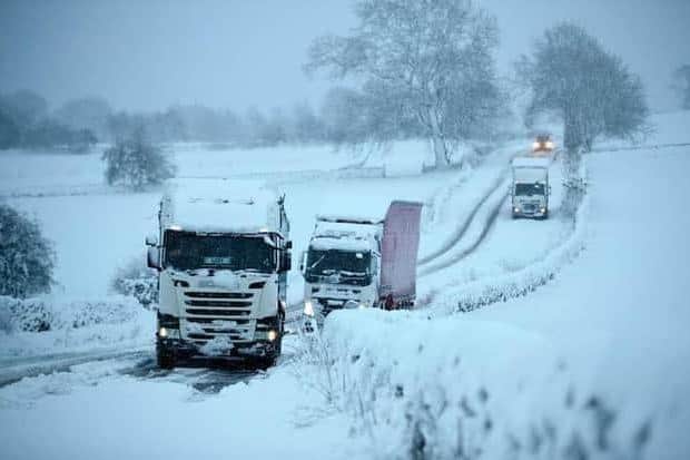 Lorries stuck on the A515 after heavy snow fell in the Peak District earlier this winter. Image: Rod Kirkpatrick/F Stop Press.