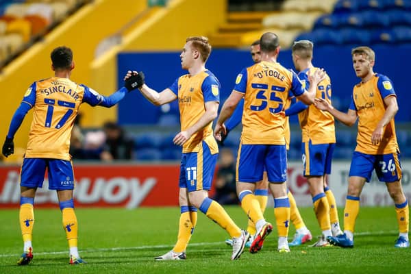 Mansfield celebrate a Danny Johnson goal against Newcastle U21's. Photo: Chris HOLLOWAY / The Bigger Picture.media