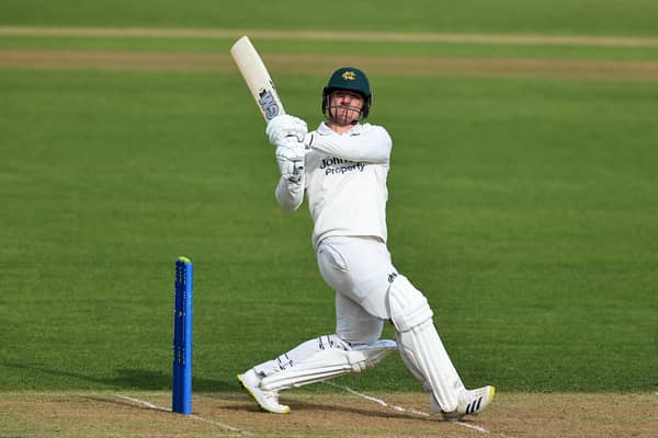 Liam Patterson-White of Nottinghamshire pulls the ball to the boundary for six runs during the LV=Insurance County Championship match between Nottinghamshire and Warwickshire at Trent Bridge on April 15, 2021 in Nottingham, England. (Photo by David Rogers/Getty Images)
