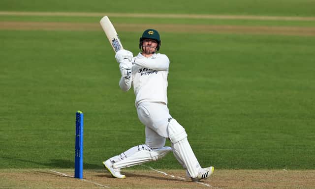 Liam Patterson-White of Nottinghamshire pulls the ball to the boundary for six runs during the LV=Insurance County Championship match between Nottinghamshire and Warwickshire at Trent Bridge on April 15, 2021 in Nottingham, England. (Photo by David Rogers/Getty Images)