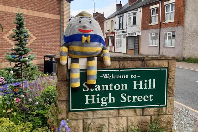 A Humpty Dumpty creation welcomes visitors to the Stanton Hill yarn-bombing exhibition.
