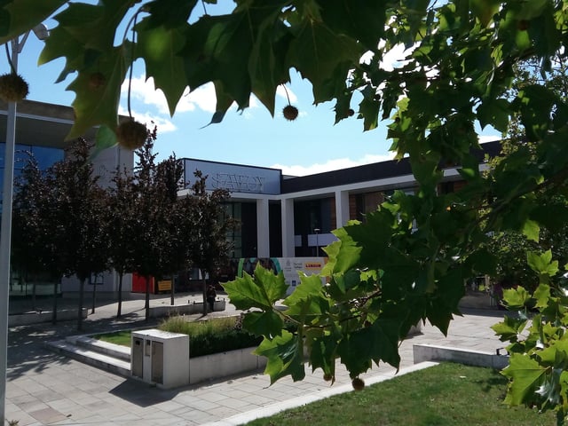 Framed by the trees, this picture shows the front of the new cinema at Waterdale, with the Savoy sign in place