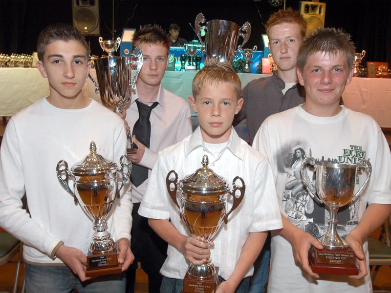 Captains of trophy winning teams in 2007 are pictured at the Mansfield Youth League presentation held at the Festival Hall Kirkby on Friday. Pictured from the left are; Lloyd Brown, Matthew Bonsall, Ryan Hall, Grant Hackett and Charlie Brown.