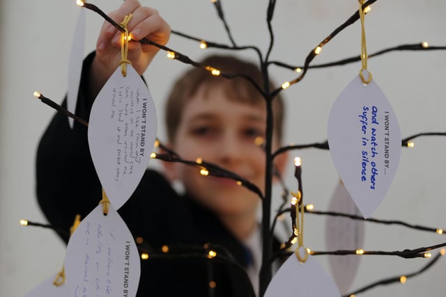 Don't Stand By was the theme of a Holocaust Memorial Day event held in All Saints Square in Rotherham on January 27, 2016. Oakwood High School pupil Thomas Barker adds his pledge to a symbolic message tree