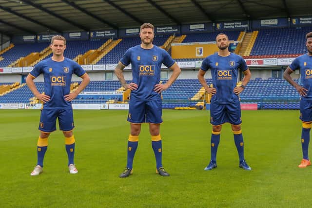 Mansfield Town's player show off the club's new away kit. Pic by Chris Holloway, The Bigger Picture.