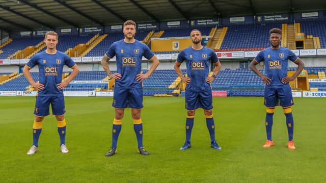 Mansfield Town's player show off the club's new away kit. Pic by Chris Holloway, The Bigger Picture.
