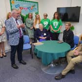 The Duchess of Edinburgh visited the Nottingham hub in September 2023. Pictured with CEO Sir Peter Wanless addressing her along with staff, volunteers and Mrs Jenny Farr MBE, who has been fundraising for the NSPCC for more than six decades having raised more than £10m for the charity.