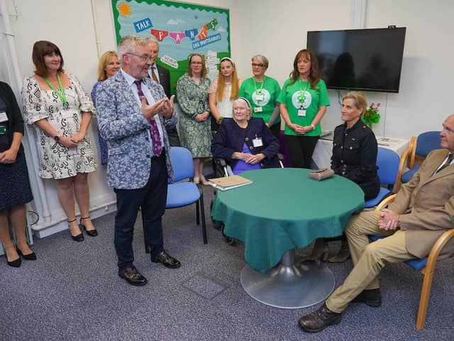 The Duchess of Edinburgh visited the Nottingham hub in September 2023. Pictured with CEO Sir Peter Wanless addressing her along with staff, volunteers and Mrs Jenny Farr MBE, who has been fundraising for the NSPCC for more than six decades having raised more than £10m for the charity.