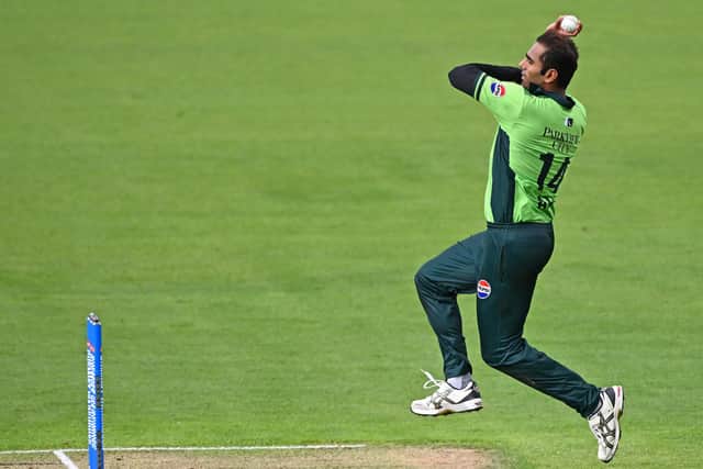 Mohammad Ali of Pakistan bowls during game one of the Men's ODI series between New Zealand and Pakistan at McLean Park, on March 29, 2025, in Napier, New Zealand. (Photo by Kerry Marshall/Getty Images)