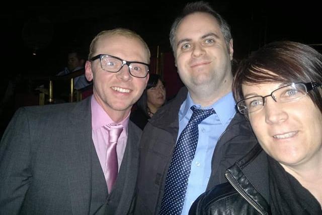 Kenneth Syme met actor Simon Pegg at the Empire Leicester Square, in London, for the premier of his film 'Paul'.