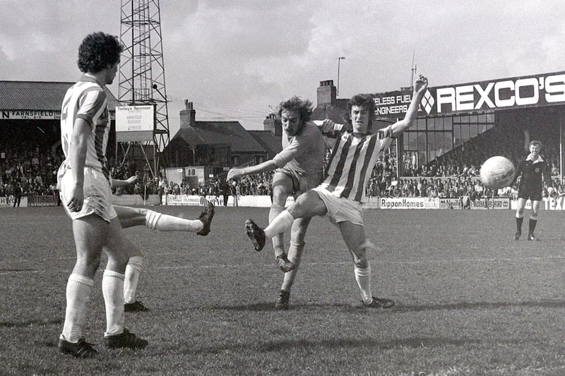Gordon Hodgson gets a shot away in 1976 during the home match with Sheffield Wednesday.  Hodgson began his career at his hometown club Newcastle United but found his chances limited. He moved to Mansfield Town in 1974 became a central figure in the side, winning promotion to the Second Division in 1977.