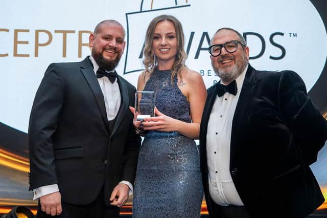 Idlewells manager Chloe O'Donnell and operations manager Ian Pratt (left) receiving their accolades at the Sceptre Awards.