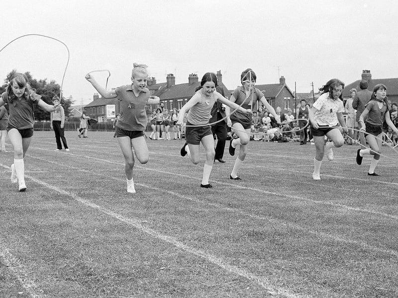 This skipping race in 1974 at Broomhill School looks set for a competitive ending.