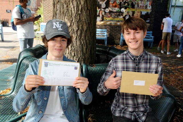 St Edmund's Catholic School students (l-r) Jonathan Sandland (16) who got four 3s, three 4s, one 6 and one 5 with Daniel Ratheram (15) with his results he was still yet to open. Picture: Sarah Standing (200820-3021)