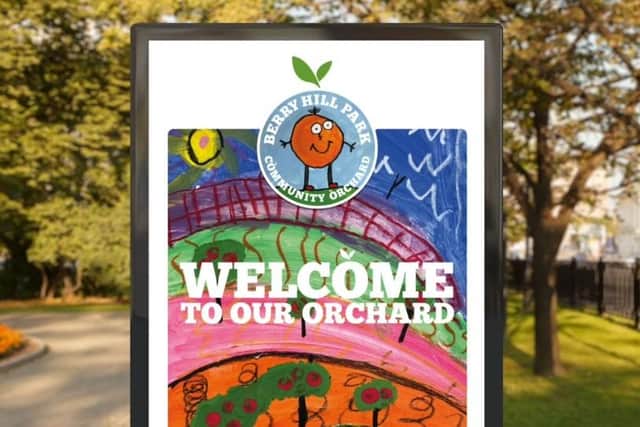 The sign for the new community orchard at the park. It was designed by a pupil at Berry Hill Primary School.