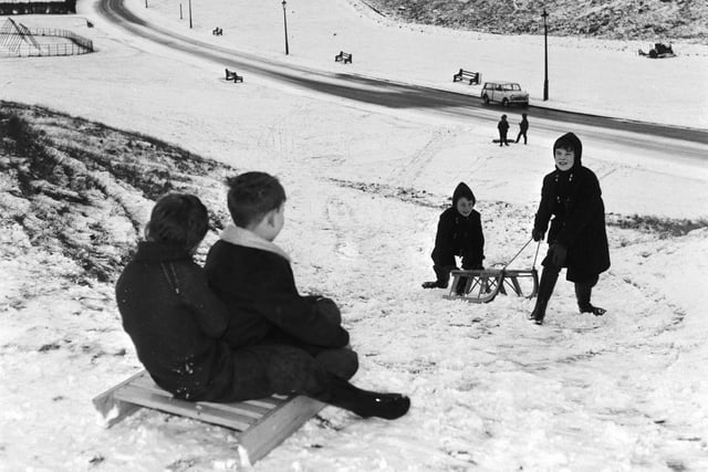 Children sledging in Holyrood Park in 1965.