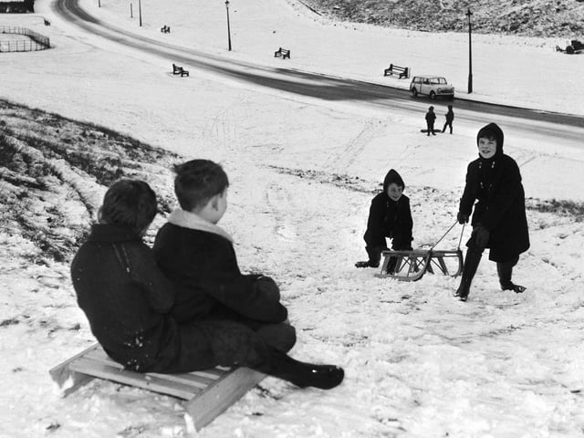 Children sledging in Holyrood Park in 1965.