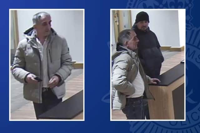 Officers investigating the theft of a bank card have released CCTV images of two men they would like to speak with.