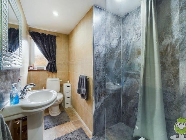 The bathroom in the annexe features a large, eyecatching shower area, plus low-level WC and wash hand basin.