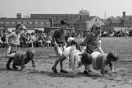 These Mansfield pupils take on the wheelbarrow race in 1970.