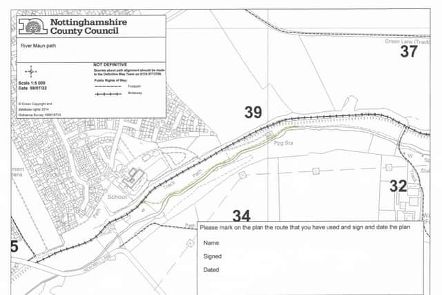 A map of the River Maun path in Mansfield Woodhouse.
