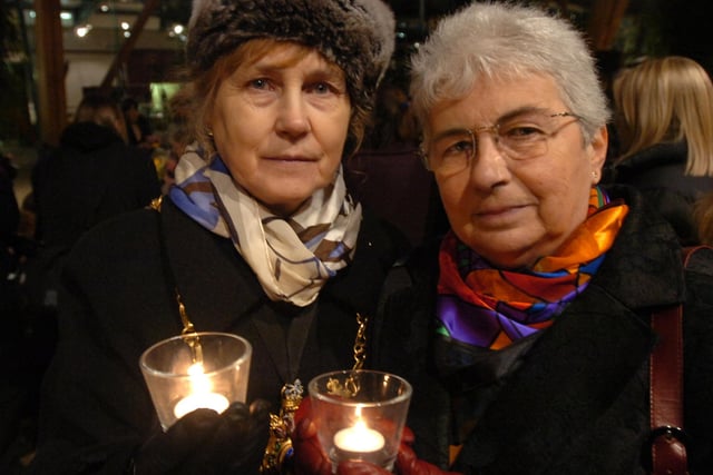 Pictured in the Sheffield Winter Gardens, where the Holocaust Memorial Day service was held in January 27. Seen are the Lord Mayor of Sheffield, Coun Jackie Drayton, and the leader of the council,  Coun Jan Wilson, with candles