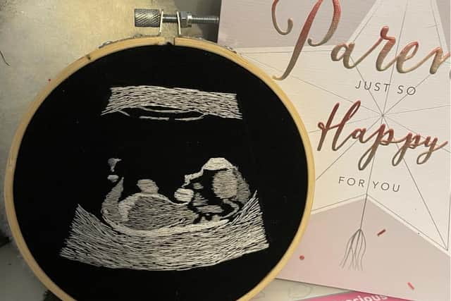 Nathan received the embroidered version of the 12 week scan, made by friend Deb Fisher, yesterday.