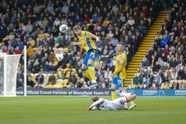 Lewis Brunt in action during the Sky Bet League 2 match against Walsall  FC at the One Call Stadium, 28 Oct 2023
Photo credit - Chris & Jeanette Holloway / The Bigger Picture.media