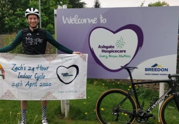 Determined Chesterfield cyclist, Zach Law, 24, provided a £7,400 boost for a local hospice after completing an incredible round-the-clock challenge. Zach responded to Ashgate Hospice’s urgent appeal for funds by being sponsored to keep his peddles turning for 24 hours, stopping only for toilet breaks, and clocking up nearly 300 virtual miles without leaving his home.