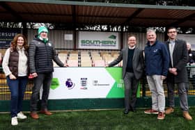 From L to R: Gillian Keegan MP, Andy Bell, Chair of Chichester City FC, Bill Bush, Senior Advisor, Premier League, Sports Minister Stuart Andrew, Dean Potter, Director of Grant Management Football Foundation.