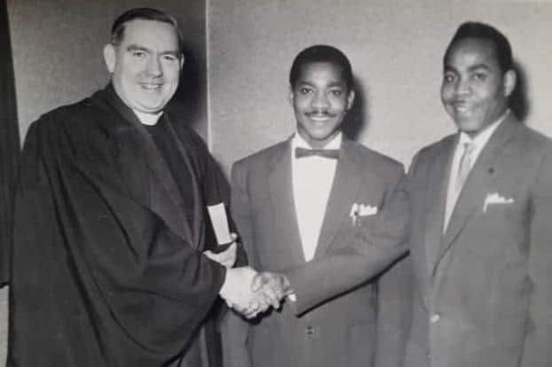 Samuel Case, right, with his brother Lindon, centre, and the Reverend Arthur Neath at the first black wedding to take place at Rosemary Street Baptist Church, Mansfield, in 1962.