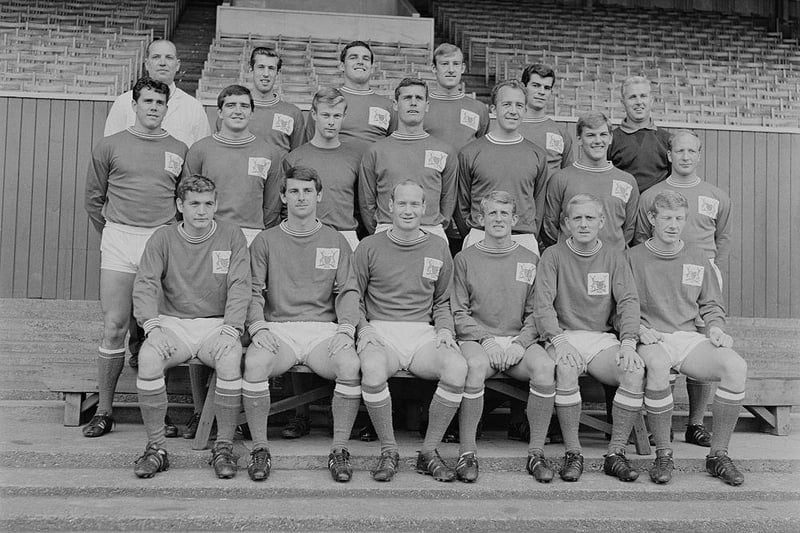 The Nottingham Forest team for the 1966/67 season. They are John Barnwell, Terry Hennessey, Colin Addison, Chris Crowe, Alan Hinton, Ian Storey-Moore, Henry Newton, Frank Wignall, Mike Kear, Bob McKinlay, Peter Grummitt, Joe Baker, John Brindley, Peter Hindley, John Winfield, Jeff Whitefoot, B. Williamson, R. Davies (the team's physiotherapist) and Tommy Cavanagh.