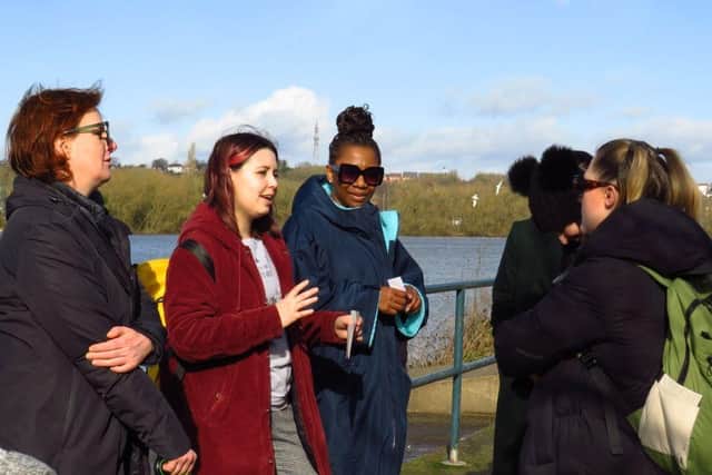 Artist Amelia Daiz chats to some of the Women Walking participants on one of their walks around Mill Waters