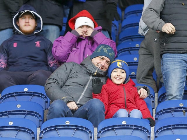 Mansfield Town fans ahead of kick-off against Salford on 25 Feb 2023.